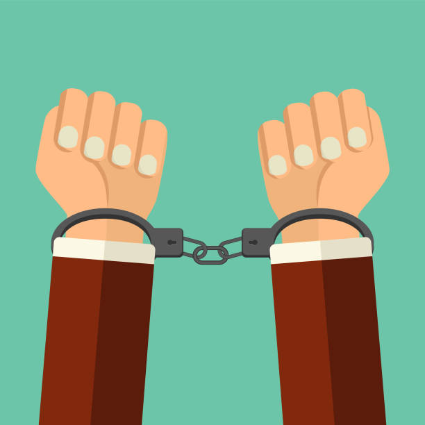 Vector illustration handcuffs on hands of criminal man. Arrested man in handcuffs flat style illustration. A crime, arrest, business and corruption concept. vector art illustration