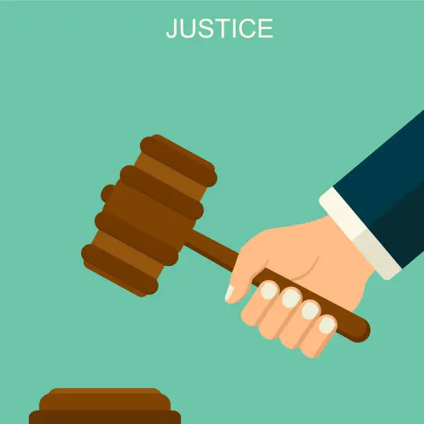 Vector illustration of Vector background with hand holding judges gave. Judge arm with hummer. Justice flat style pattern. Law and order concept.