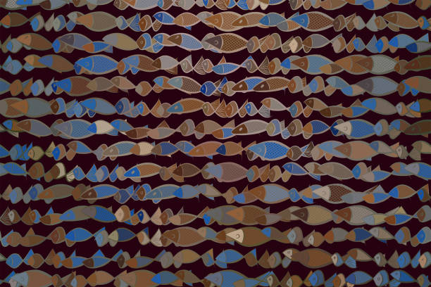 istock Abstract illustrations of fish, conceptual pattern. Decoration, background, messy & sea. 952778594