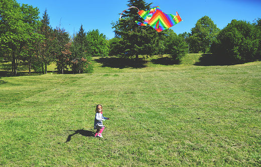 Little Girl Running With a Kite In Garden ,look from above