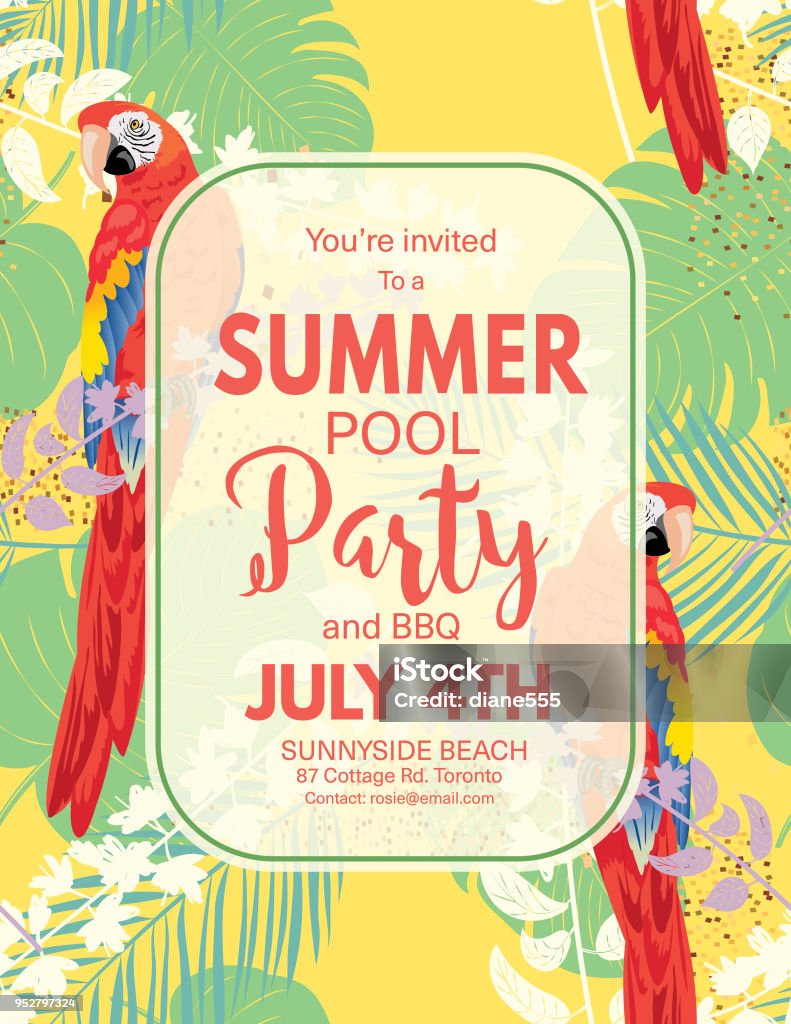 Tropical Background Pool Party Invitation Pool Party Invitation Template with lots of tropical plants and parrots. Tropical Climate stock vector