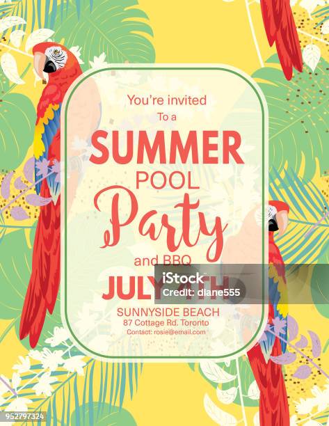 Tropical Background Pool Party Invitation Stock Illustration - Download Image Now - Tropical Climate, Beach Party, Celebration