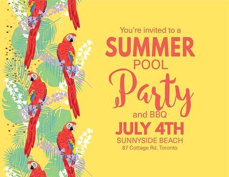 Pool Party Invitation Template with lots of tropical plants and parrots.
