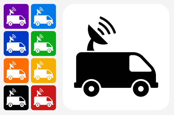 Satellite Truck Icon Square Button Set Satellite Truck Icon Square Button Set. The icon is in black on a white square with rounded corners. The are eight alternative button options on the left in purple, blue, navy, green, orange, yellow, black and red colors. The icon is in white against these vibrant backgrounds. The illustration is flat and will work well both online and in print. indigo truck stock illustrations