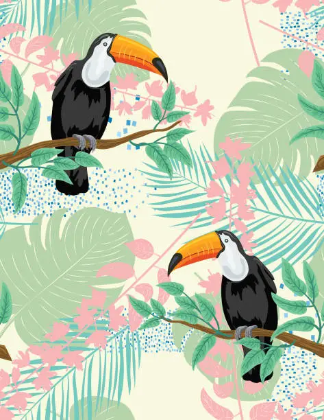 Vector illustration of Tropical Plants And Toucan Seamless Pattern