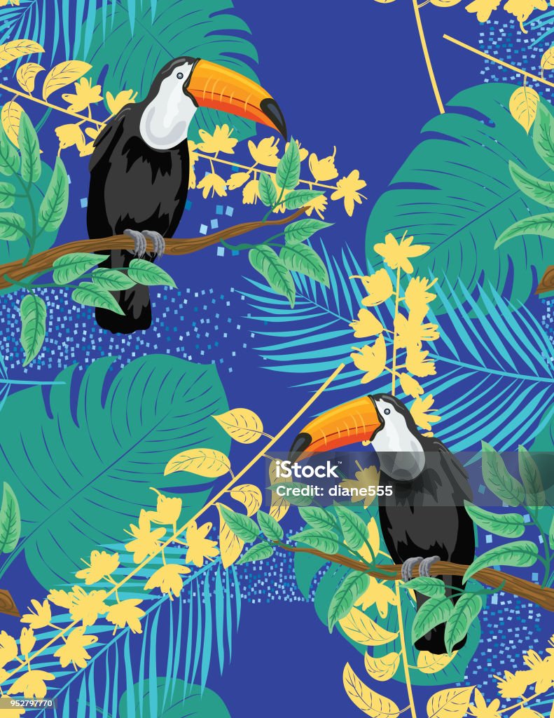 Tropical Plants And Toucan Seamless Pattern Seamless Tropical Plants with Leaves, Orchids and Toucans Tropical Climate stock vector