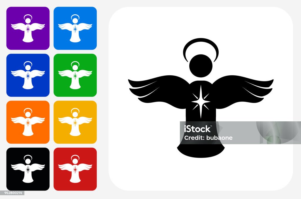 Angel Ornament Icon Square Button Set Angel Ornament Icon Square Button Set. The icon is in black on a white square with rounded corners. The are eight alternative button options on the left in purple, blue, navy, green, orange, yellow, black and red colors. The icon is in white against these vibrant backgrounds. The illustration is flat and will work well both online and in print. Angel stock vector