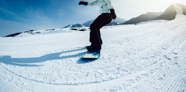 istock one snowboard snowboarding descent on slope in ski resort 952800376