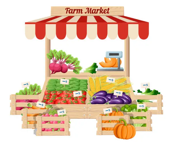 Vector illustration of Front view market wood stand with farm food and vegetables in open box vector with weights and price tags illustration isolated on white background