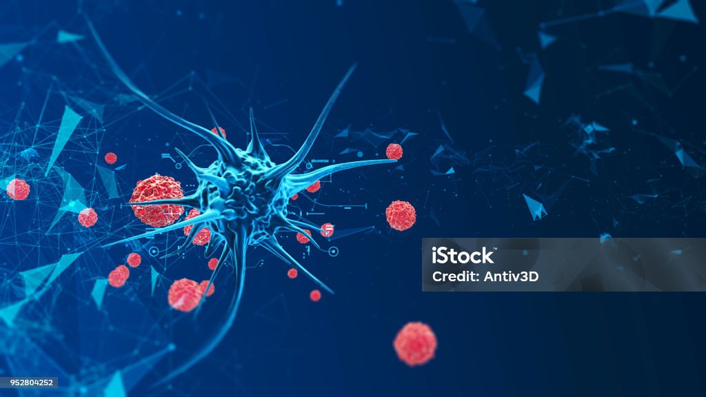 3d render biological cell 3d render biological cell virus. Micro bacteria under a microscope. Virus in the microenvironment. Biological disease. Defeat cell with virus. Microbiological study Oncology Stock Photo