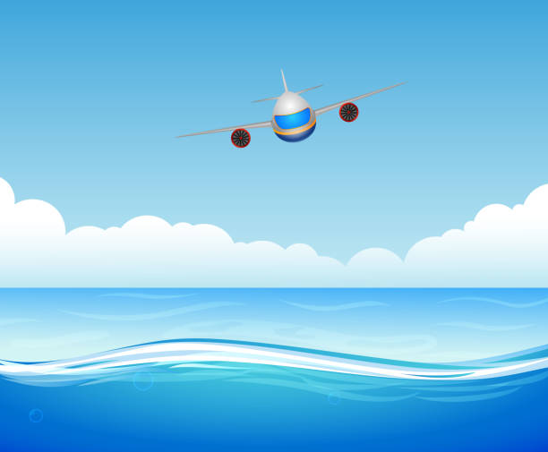 flying plane over sea illustration of flying plane over sea aluminum window parts stock illustrations