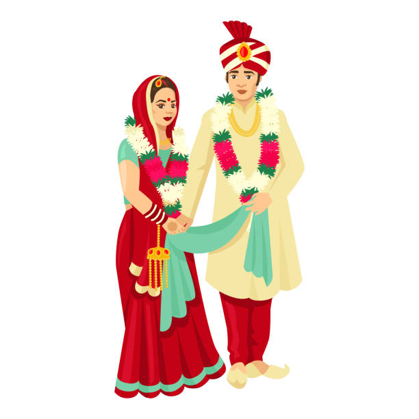 ilustrações, clipart, desenhos animados e ícones de casal casamento indiano em vestidos tradicionais. desenho vetorial para convite de casamento - bride women wedding flower