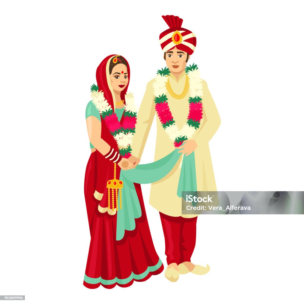 Indian wedding couple in traditional dresses. Vector design for wedding invitation Indian wedding couple in traditional dresses. Vector design for wedding invitation, web design, prints. Culture of India stock vector