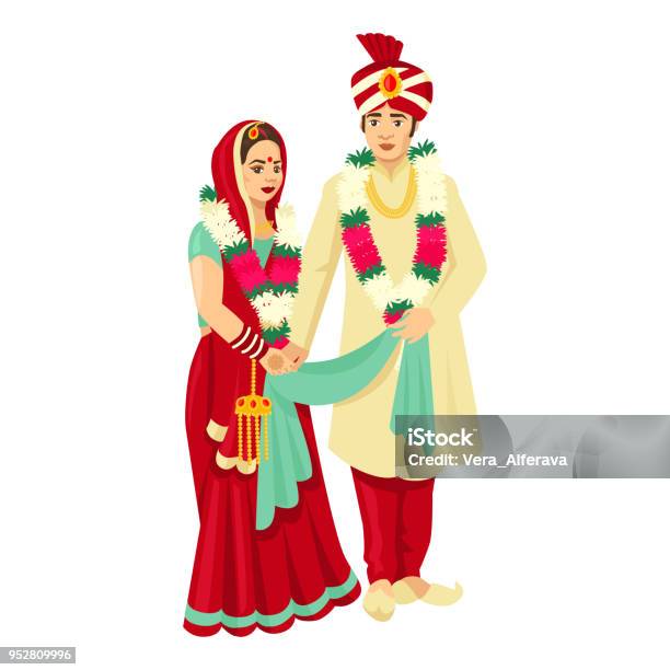 Indian Wedding Couple In Traditional Dresses Vector Design For Wedding Invitation Stock Illustration - Download Image Now