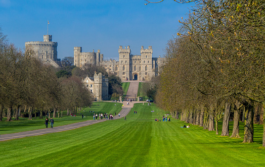 Rochester Castle behind a privately owned two-story house in Kent, England