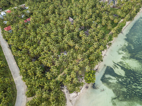 Directly above view of Drone point of view aerial view of tropical beach in the Philippines. No people travel destinations concept.