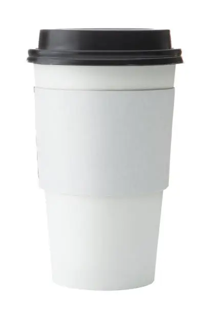 vertical photograph of a to go coffee cup with cardboard sleeve
