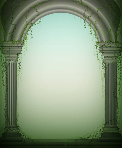 dwie marmurowe kolumny i łuk z zielonymi winoroślami, renesansowa fasada, romantyczne miejsce w ogrodzie, dekoracja teatralna, - silhouette leaf ornate ancient stock illustrations