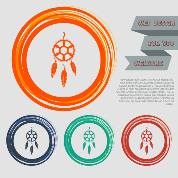 Dreamcatcher icon on the red, blue, green, orange buttons for your website and design with space text. Vector Dreamcatcher icon on the red, blue, green, orange buttons for your website and design with space text. Vector illustration symbol north american tribal culture bead feather stock illustrations