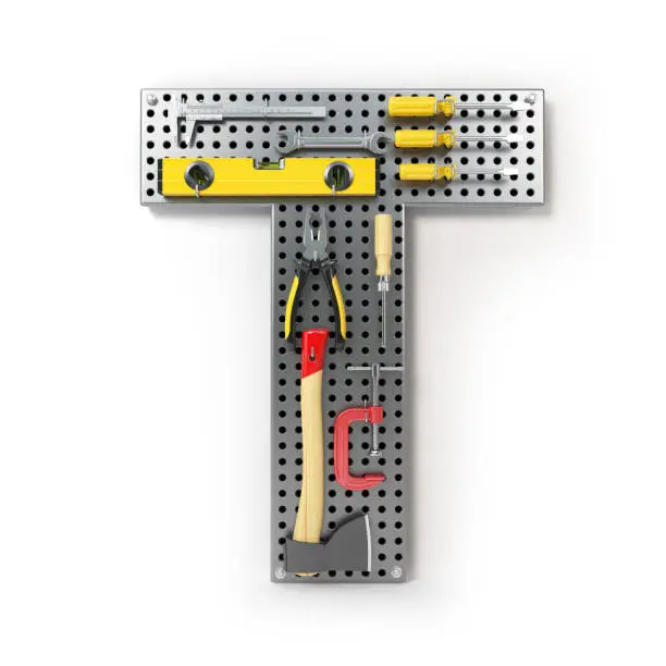 Letter T in the form of metal pegboard with tools isolated on white.  3d illustration