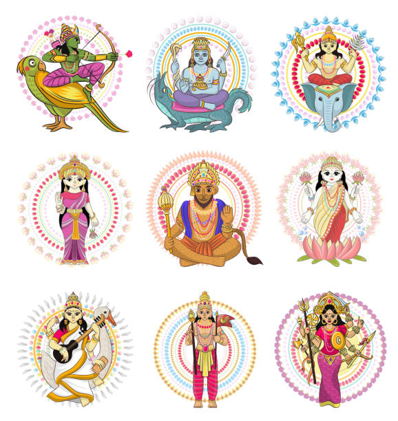 ilustraciones, imágenes clip art, dibujos animados e iconos de stock de dios indio vector deidad del hinduismo de diosa o ídolo divino ganesha en conjunto de ilustración india de la religión dios asiático aislada sobre fondo blanco - indian god