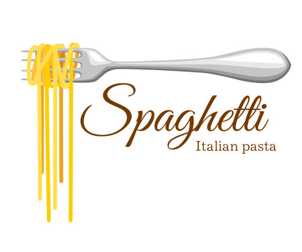 Pasta roll on the fork. Italian pasta with fork silhouette. Black fork with spaghetti on the yellow background. Hand holding a fork with spaghetti. Pasta roll on the fork. Italian pasta with fork silhouette. Black fork with spaghetti on the yellow background Hand holding a fork with spaghetti. spaghetti stock illustrations