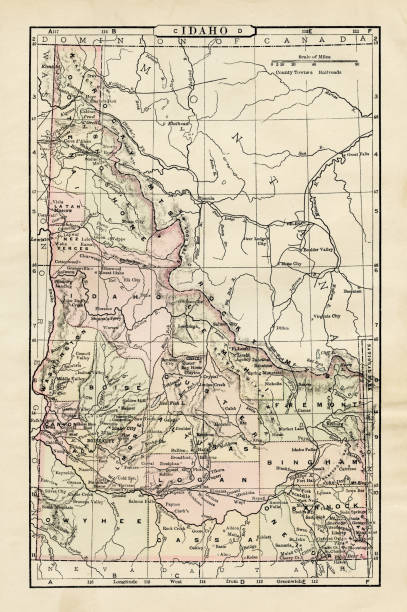 ilustraciones, imágenes clip art, dibujos animados e iconos de stock de mapa de idaho 1894 - montana map usa old