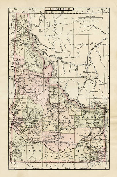 illustrazioni stock, clip art, cartoni animati e icone di tendenza di mappa dell'idaho 1894 - montana map old cartography