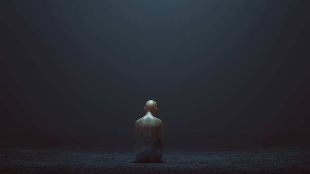 istock Evil Spirit Sitting down with its back to camera in a foggy void 952866080