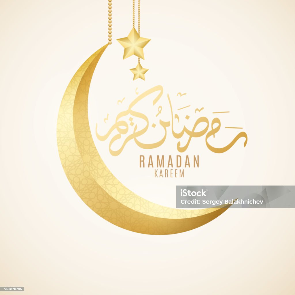 Greeting card on Ramadan Kareem. Golden luxury crescent. Islamic geometric ornament. Golden 3d stars hang. Religion Holy Month. Hand drawn calligraphy. Ramazan flyer. Vector illustration. EPS 10 Greeting card on Ramadan Kareem. Golden luxury crescent. Islamic geometric ornament. Golden 3d stars hang. Religion Holy Month. Hand drawn calligraphy. Ramazan flyer. Vector illustration Ramadan stock vector