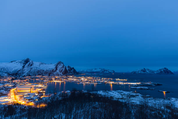 Aerial view of Svolvaer in evening twilight Aerial view of Svolvaer , Lofoten, Norway in evening twilight harbor of svolvaer in winter lofoten islands norway stock pictures, royalty-free photos & images