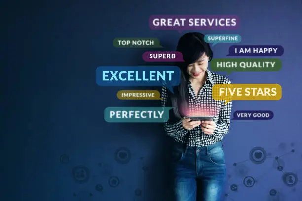 Photo of Customer Experience Concept. Soft focus of Happy Client standing at the Wall, Smiling while using Smartphone. Surrounded by Positive Review in Speech Bubble and Social Network icons