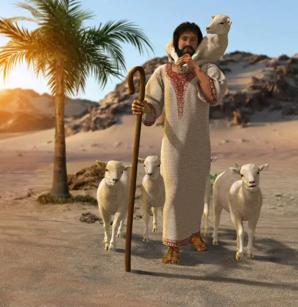 3D render of the good shepherd taking care of his sheep in a desert oasis