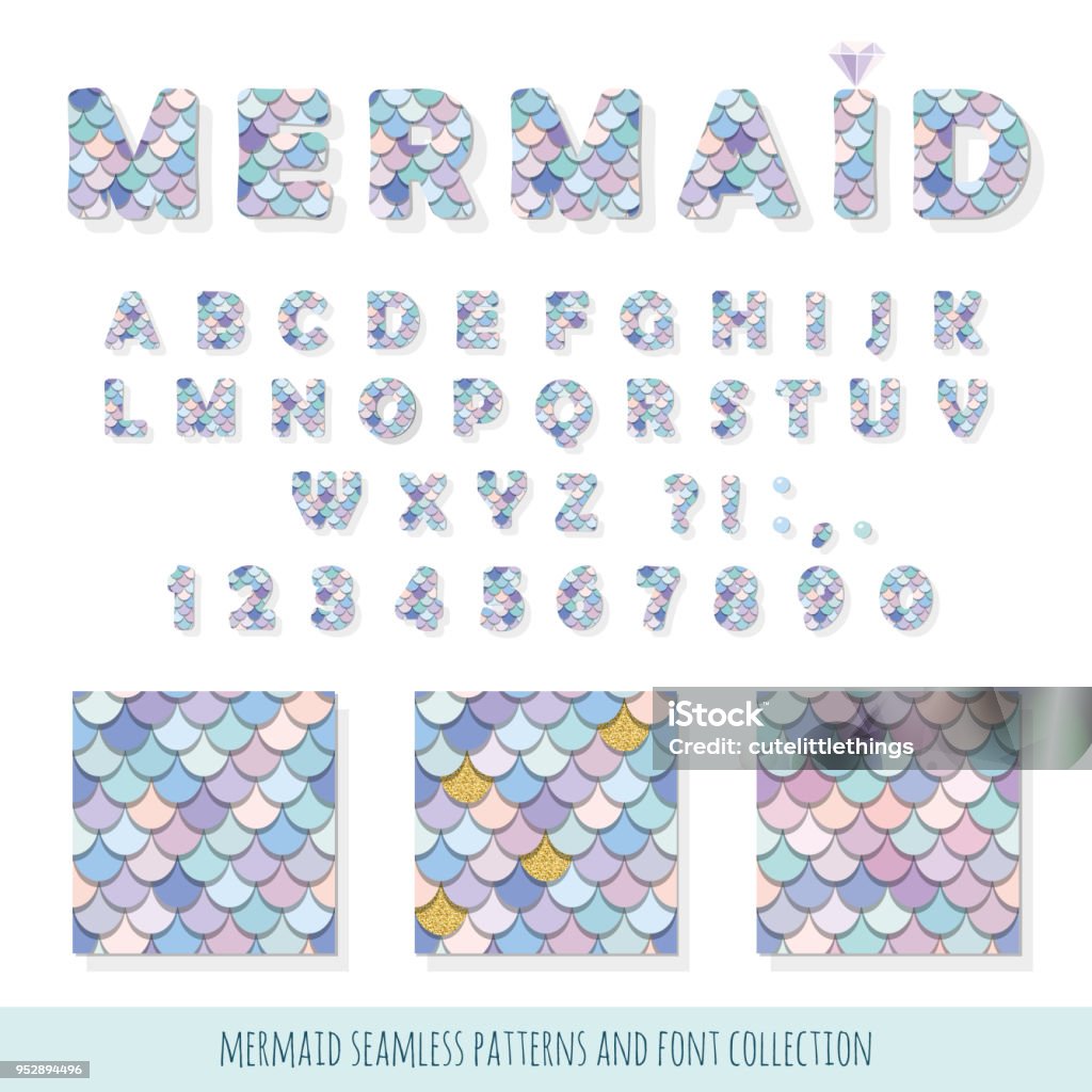 Mermaid font and seamless patterns set. For birthday cards, posters. Vector Mermaid font and seamless patterns set. For birthday cards, posters. Vector illustration Mermaid stock vector