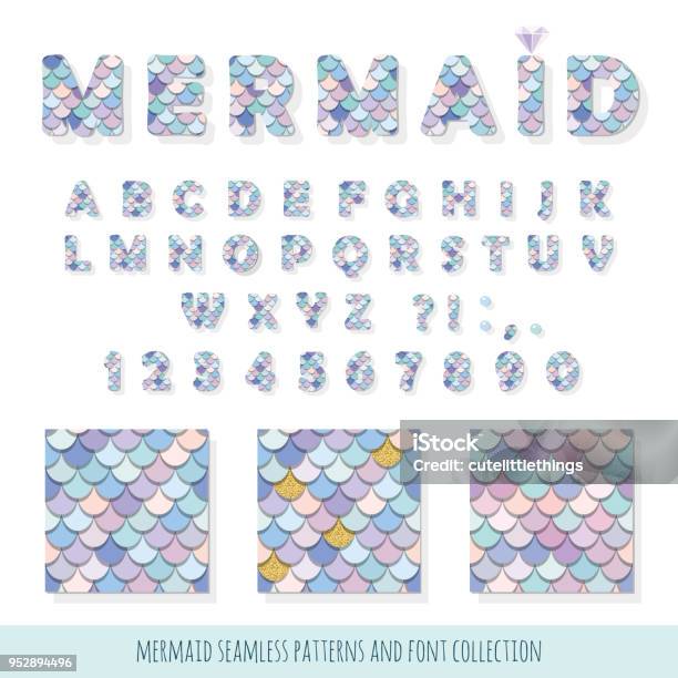 Mermaid Font And Seamless Patterns Set For Birthday Cards Posters Vector Stock Illustration - Download Image Now