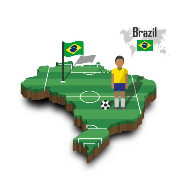 ブラジルの国民のサッカーのチーム。フットボール選手および 3 d デザイン国マップ上のフラグ - background world map点のイラスト素材／クリップアート素材／マンガ素材／アイコン素材