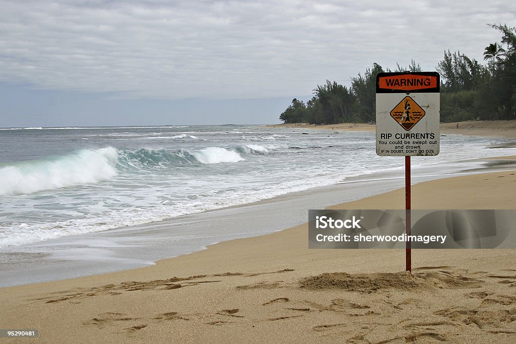 Warning: Rip Currents Sign On Tropical Beach near Kauai, Hawaii A sandy tropical beach with Rip Currents Sign and a breaking ocean wave in the background. Sign says: "Rip Currents - You could be swept out and drown - If in doubt, don't go out". Tearing Stock Photo