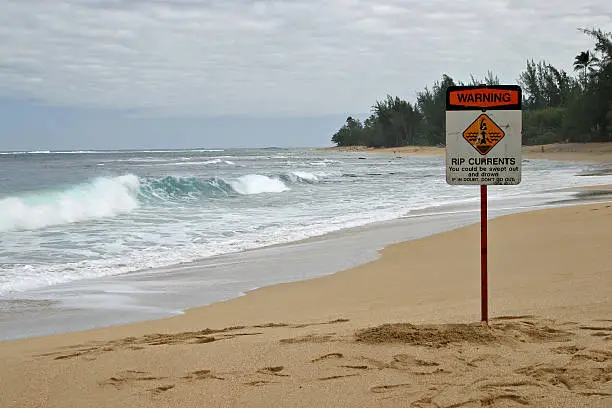 A sandy tropical beach with Rip Currents Sign and a breaking ocean wave in the background. Sign says: "Rip Currents - You could be swept out and drown - If in doubt, don't go out".