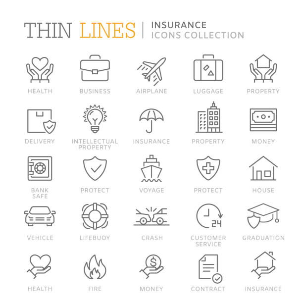 ilustraciones, imágenes clip art, dibujos animados e iconos de stock de colección de iconos de línea fina seguro. vectoriales eps 10 - insurance symbol computer icon travel