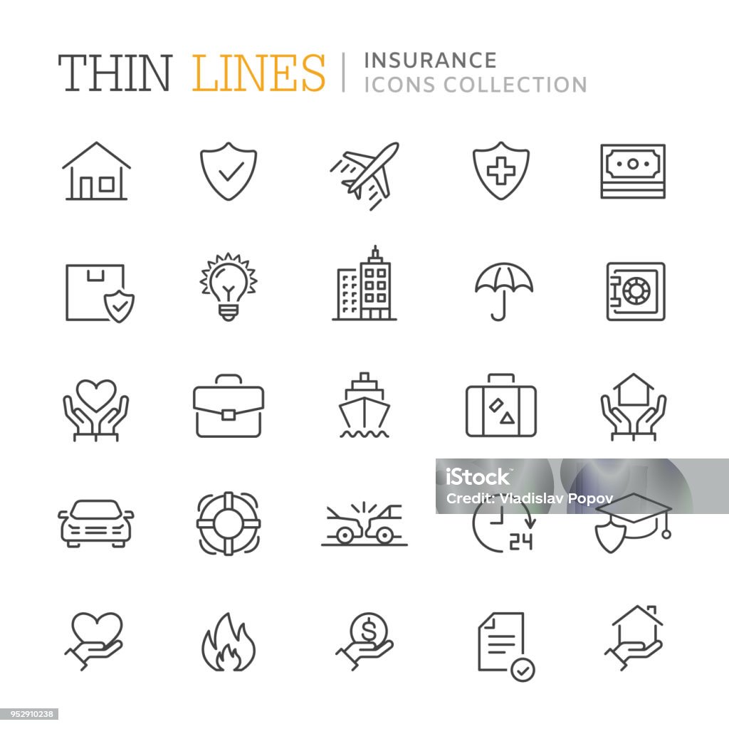 Collection of insurance thin line icons. Vector eps 10 Icon Symbol stock vector