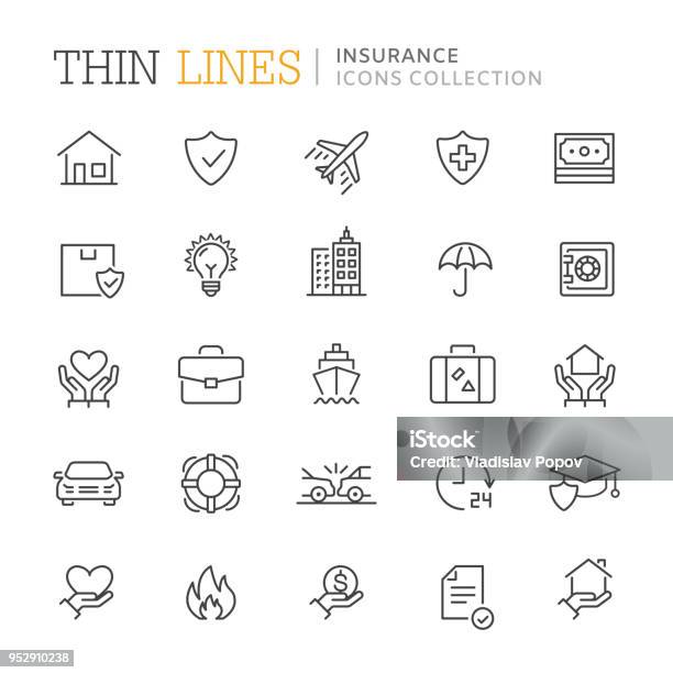 Collection Of Insurance Thin Line Icons Vector Eps 10 Stock Illustration - Download Image Now