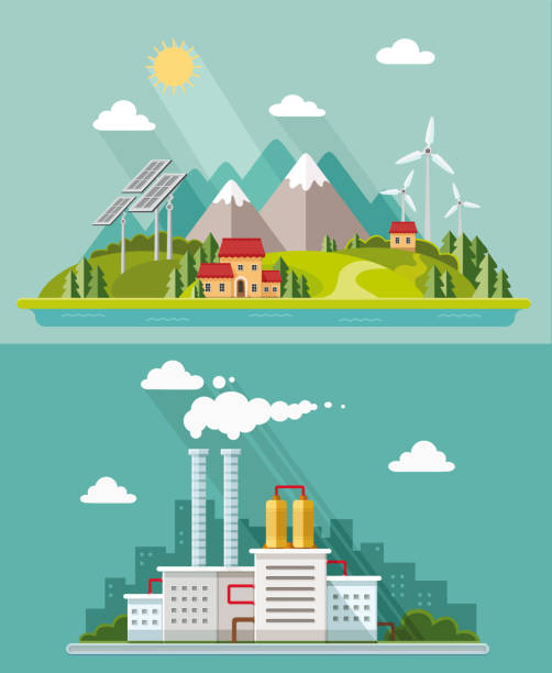 illustrazioni stock, clip art, cartoni animati e icone di tendenza di set ecologo. ambiente, energia verde. eco vita, emissioni, concetto di inquinamento della natura. illustrazione vettoriale in stile piatto - power station fuel and power generation travel backgrounds architecture and buildings