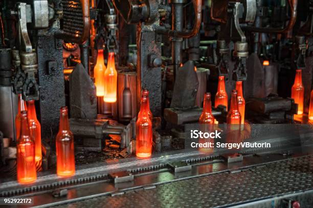 Plant For The Production Of Bottles Glass Plant Stock Photo - Download Image Now - Glass - Material, Drinking Glass, Manufacturing