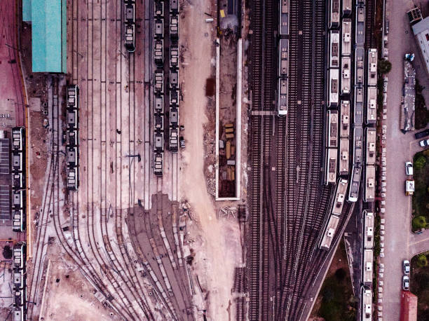 Aerial view of train carriages and tracks