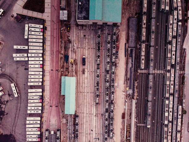 istock Aerial view of train carriages and tracks 952934788