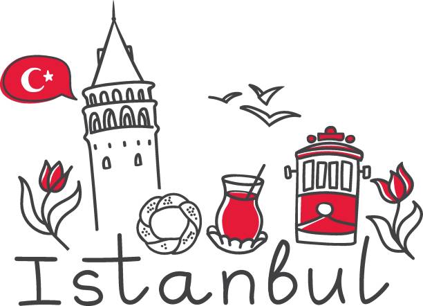 Print Vector illustration Istanbul with hand drawn doodle turkish symbols: the Galata tower, tea glass, simit, tram, seagull, tulip and a national flag of Turkey. Simple minimalistic design of black outline turkish bagel simit stock illustrations