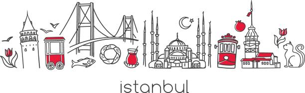 Print Vector horizontal banner design Istanbul with hand drawn doodle turkish symbols. Modern line illustration in dark grey and red colors on white background. Travel to Turkey. fruit of islam stock illustrations