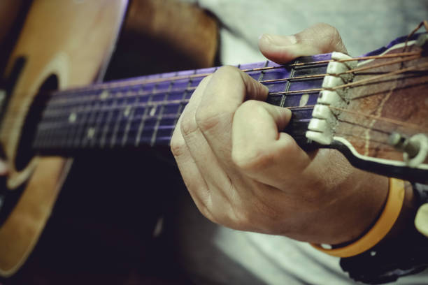istock Close up of practicing playing guitar, man hand playing guitar,musical concept 952940376