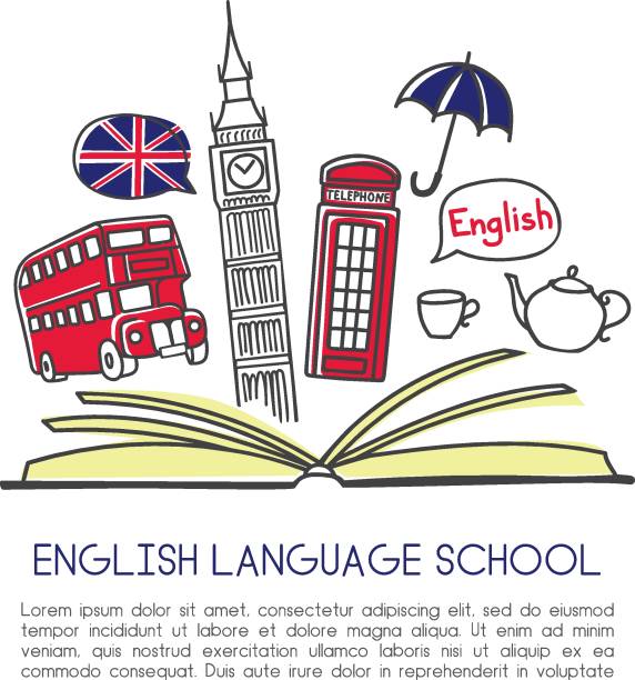 Print Vector illustration English language school. Open book and symbols of London: tea, Big Ben, double decker, telephone box, umbrella. Hand drawn doodle objects isolated on white with place for your text english spoken stock illustrations
