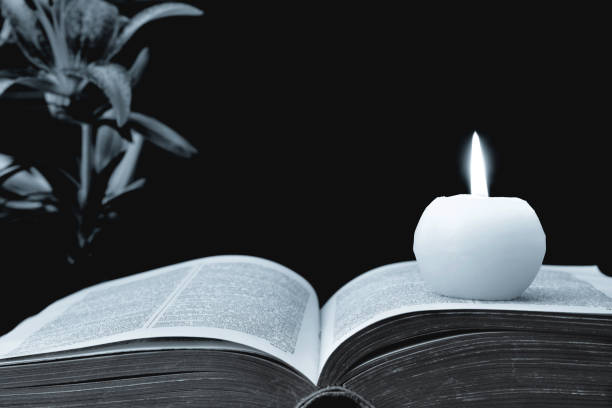 istock Candle, opened book and flowers on black background 952947818